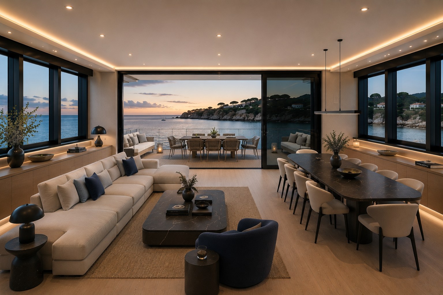Interior design study: timber, stone and sculpted furniture framing a view of the sea