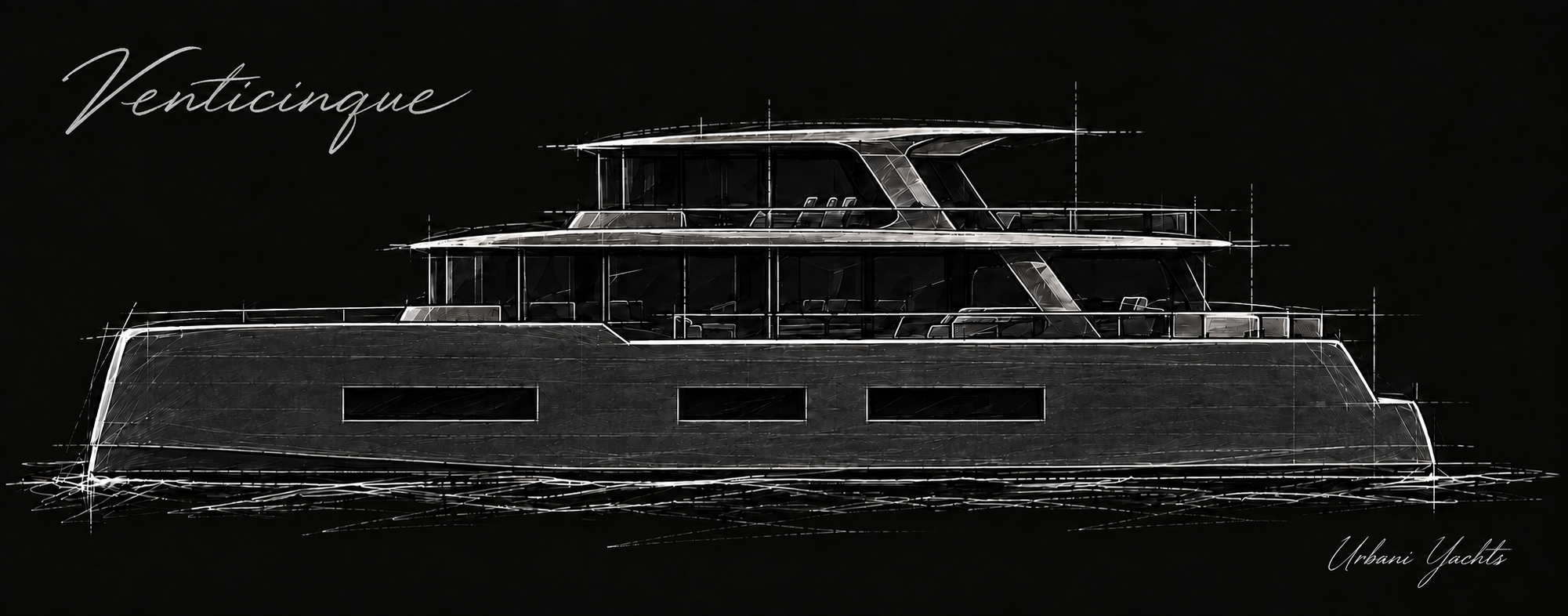 Venticinque — white-on-black profile design sketch, signed Urbani Yachts